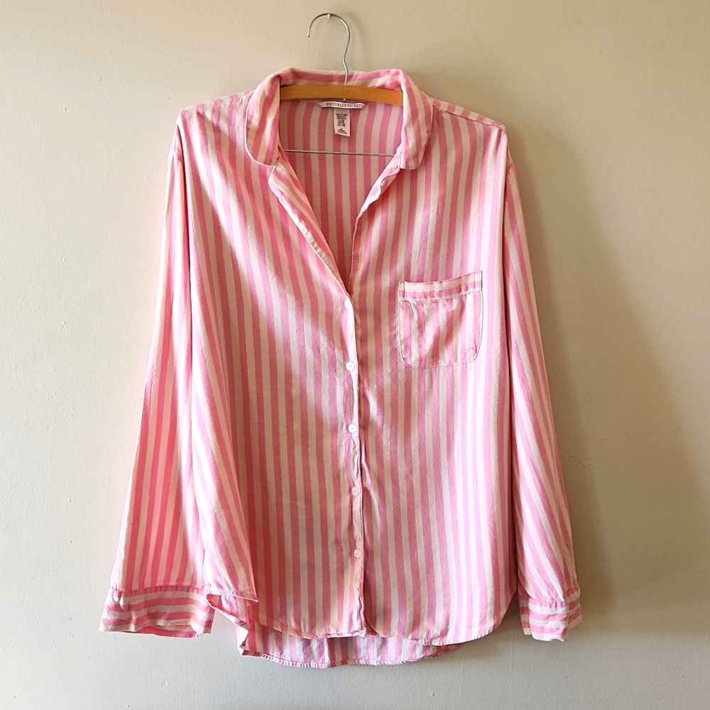 Victoria's Secret long sleeve poplin pink striped button down top size medium